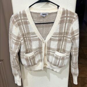 Women's Plaid Cardigan Sweater - White and Tan